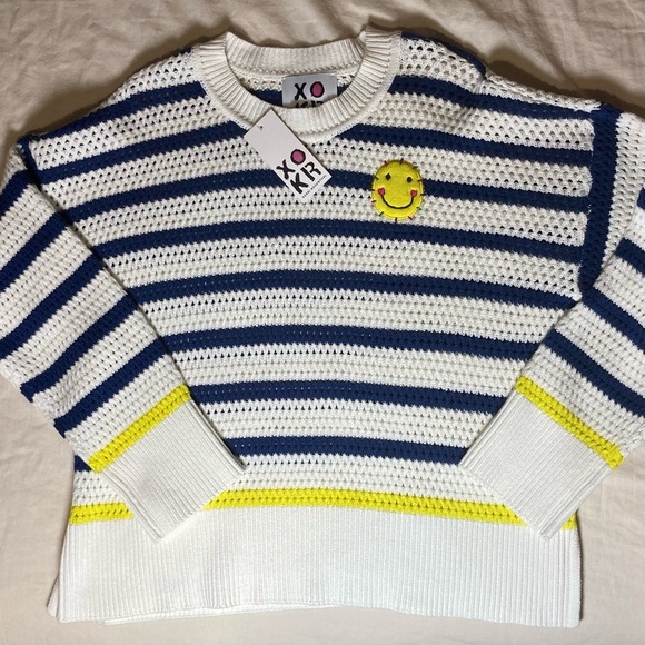 Kerri Rosenthal Smiley Face Sweater with Blue and Yellow Stripes | Anthropologie - Picture 3 of 11